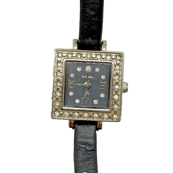 Fossil F2 Nordstrom ND-3586 Quartz Square Women's Watch Crystal Bezel Black Band - Picture 1 of 7